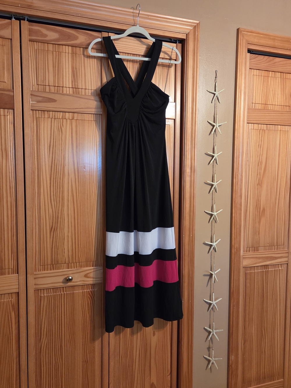 London Times Black Maxi Dress with White and Pink Stripes